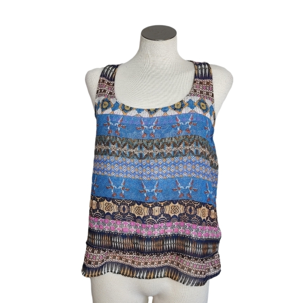Patrons Of Peace Boho Tribal Print Sheer Split Back Sleeveless Top Size M